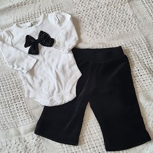 Bow Onesie & Velour Velvet Pants, White Black Silver Size 6 Months